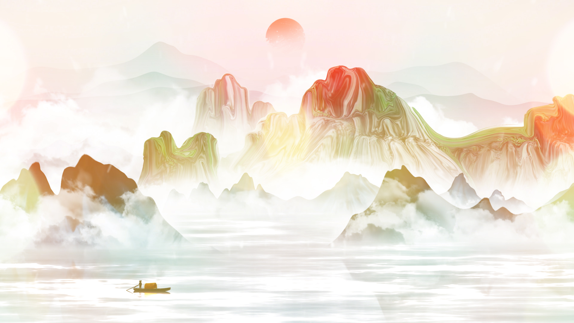 中国风彩色水墨山水高山流水配乐成品led演出大屏舞台背景素材-liveko