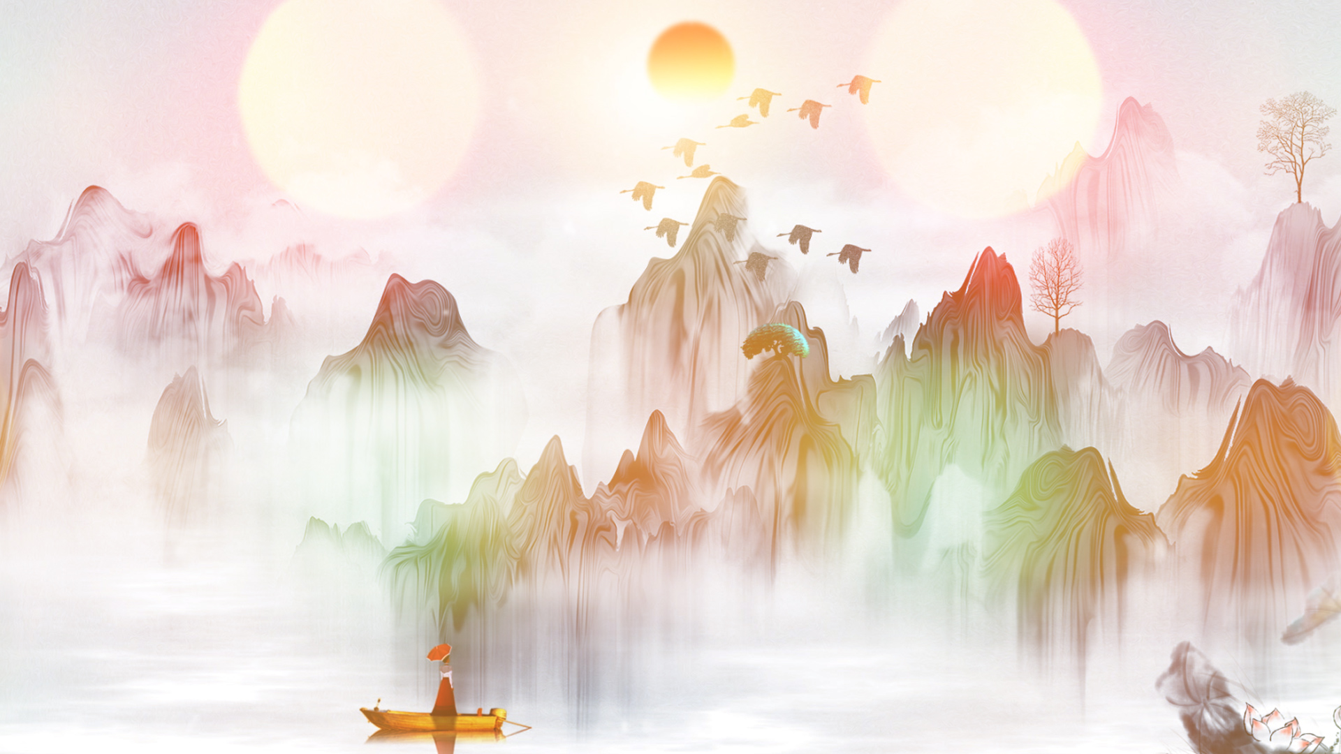 中国风彩色水墨山水高山流水配乐成品led演出大屏舞台背景素材