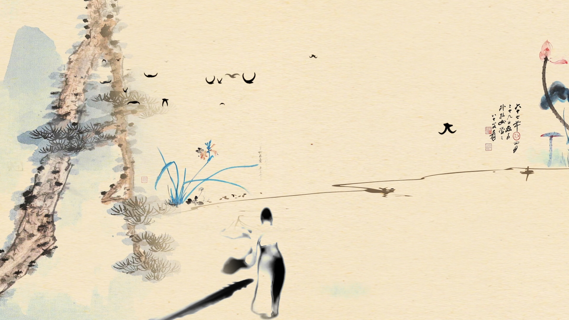 水墨诗经关雎led演出舞台大屏视频背景中国风诗经关雎配乐成品视频