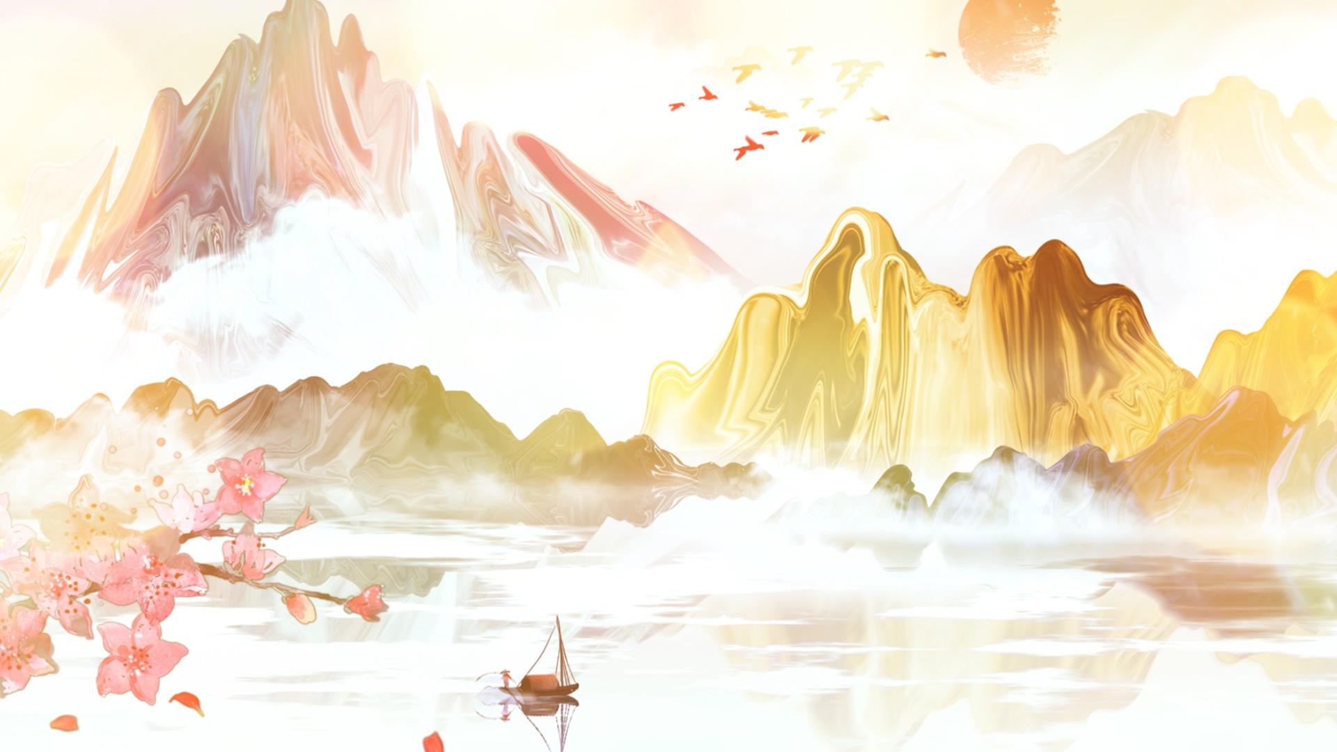 中国风彩色水墨山水高山流水配乐成品led演出大屏舞台背景素材